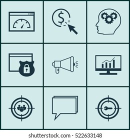 Set Of 9 SEO Icons. Can Be Used For Web, Mobile, UI And Infographic Design. Includes Elements Such As Pay, Consulting, Target And More.