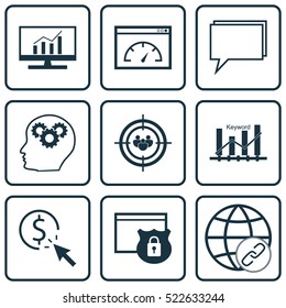 Set Of 9 SEO Icons. Can Be Used For Web, Mobile, UI And Infographic Design. Includes Elements Such As Plan, Keyword, Creativity And More.