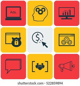 Set Of 9 SEO Icons. Can Be Used For Web, Mobile, UI And Infographic Design. Includes Elements Such As Conference, Brain, Click And More.