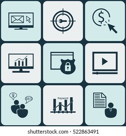 Set Of 9 SEO Icons. Can Be Used For Web, Mobile, UI And Infographic Design. Includes Elements Such As Per, SEO, Comprehensive And More.