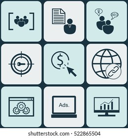 Set Of 9 SEO Icons. Can Be Used For Web, Mobile, UI And Infographic Design. Includes Elements Such As Optimization, Analytics, Digital And More.