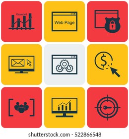 Set Of 9 SEO Icons. Can Be Used For Web, Mobile, UI And Infographic Design. Includes Elements Such As Protected, Per, Website And More.