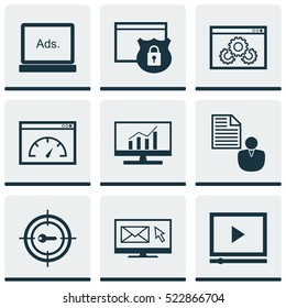 Set Of 9 SEO Icons. Can Be Used For Web, Mobile, UI And Infographic Design. Includes Elements Such As Target, Dynamics, Brief And More.