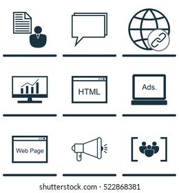 Set Of 9 SEO Icons. Can Be Used For Web, Mobile, UI And Infographic Design. Includes Elements Such As Businessman, Dynamics, Focus And More.