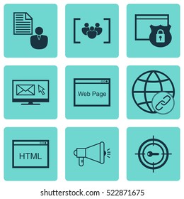 Set Of 9 SEO Icons. Can Be Used For Web, Mobile, UI And Infographic Design. Includes Elements Such As Newsletter, Email, Matching And More.