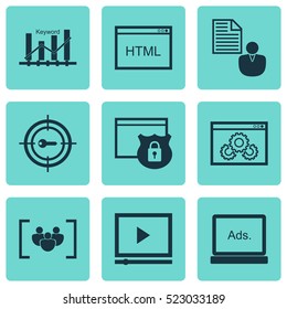 Set Of 9 SEO Icons. Can Be Used For Web, Mobile, UI And Infographic Design. Includes Elements Such As Display, Website, Digital And More.