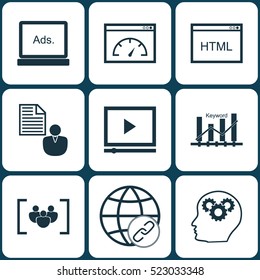 Set Of 9 SEO Icons. Can Be Used For Web, Mobile, UI And Infographic Design. Includes Elements Such As Businessman, Brief, Optimization And More.