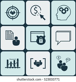 Set Of 9 SEO Icons. Can Be Used For Web, Mobile, UI And Infographic Design. Includes Elements Such As Optimization, Online, Plan And More.