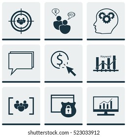 Set Of 9 SEO Icons. Can Be Used For Web, Mobile, UI And Infographic Design. Includes Elements Such As Research, Audience, Optimization And More.