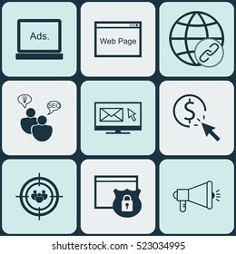 Set Of 9 SEO Icons. Can Be Used For Web, Mobile, UI And Infographic Design. Includes Elements Such As Research, Email, Browser And More.