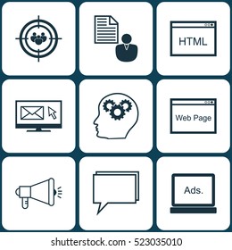 Set Of 9 SEO Icons. Can Be Used For Web, Mobile, UI And Infographic Design. Includes Elements Such As Digital, Community, Brain And More.