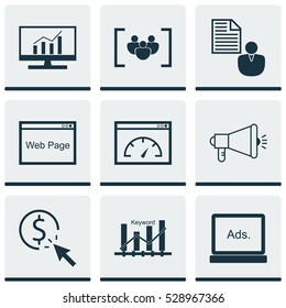 Set Of 9 SEO Icons. Can Be Used For Web, Mobile, UI And Infographic Design. Includes Elements Such As Market Research, Media Campaign, Digital Media And More.