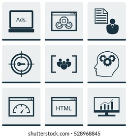Set Of 9 SEO Icons. Can Be Used For Web, Mobile, UI And Infographic Design. Includes Elements Such As Market Research, Keyword Marketing, Questionnaire And More.