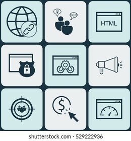 Set Of 9 SEO Icons. Can Be Used For Web, Mobile, UI And Infographic Design. Includes Elements Such As PPC, Media Campaign, Loading Speed And More.