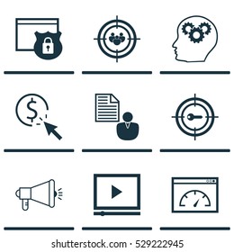 Set Of 9 SEO Icons. Can Be Used For Web, Mobile, UI And Infographic Design. Includes Elements Such As Focus Group, PPC, Loading Speed And More.