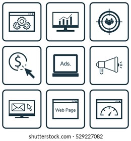 Set Of 9 SEO Icons. Can Be Used For Web, Mobile, UI And Infographic Design. Includes Elements Such As Newsletter, Media Campaign, Digital Media And More.
