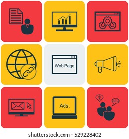 Set Of 9 SEO Icons. Can Be Used For Web, Mobile, UI And Infographic Design. Includes Elements Such As Digital Media, Report, Web Page Performance And More.