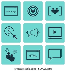 Set Of 9 SEO Icons. Can Be Used For Web, Mobile, UI And Infographic Design. Includes Elements Such As Video Player, Search Optimization, Focus Group And More.