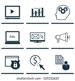 Set Of 9 SEO Icons. Can Be Used For Web, Mobile, UI And Infographic Design. Includes Elements Such As Media Campaign, Report, Keyword Optimisation And More.