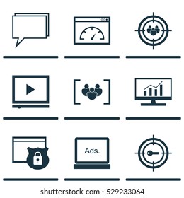 Set Of 9 SEO Icons. Can Be Used For Web, Mobile, UI And Infographic Design. Includes Elements Such As Conference, Questionnaire, Focus Group And More.