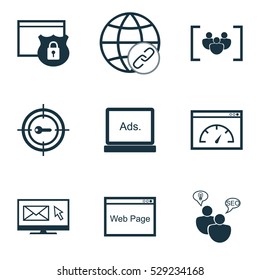 Set Of 9 SEO Icons. Can Be Used For Web, Mobile, UI And Infographic Design. Includes Elements Such As Search Optimization, Questionnaire, Digital Media And More.