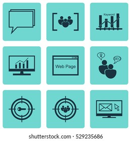 Set Of 9 SEO Icons. Can Be Used For Web, Mobile, UI And Infographic Design. Includes Elements Such As Focus Group, Questionnaire, Website And More.