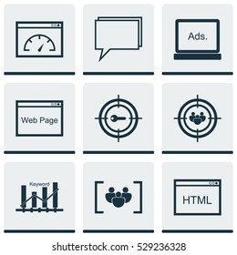 Set Of 9 SEO Icons. Can Be Used For Web, Mobile, UI And Infographic Design. Includes Elements Such As Loading Speed, Digital Media, Focus Group And More.