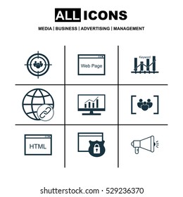Set Of 9 SEO Icons. Can Be Used For Web, Mobile, UI And Infographic Design. Includes Elements Such As Website, Market Research, Questionnaire And More.