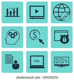 Set Of 9 SEO Icons. Can Be Used For Web, Mobile, UI And Infographic Design. Includes Elements Such As Video Player, Keyword Optimisation, Security And More.