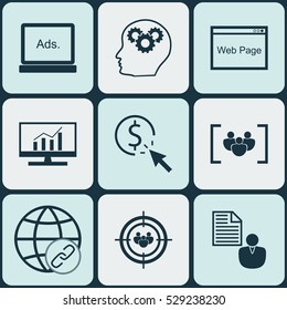 Set Of 9 SEO Icons. Can Be Used For Web, Mobile, UI And Infographic Design. Includes Elements Such As Focus Group, Website, Digital Media And More.