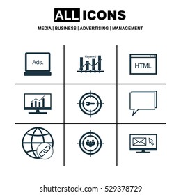 Set Of 9 SEO Icons. Can Be Used For Web, Mobile, UI And Infographic Design. Includes Elements Such As Market Research, Keyword Marketing, Connectivity And More.