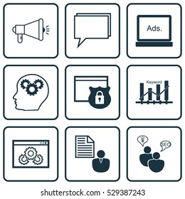 Set Of 9 SEO Icons. Can Be Used For Web, Mobile, UI And Infographic Design. Includes Elements Such As Security, Digital Media, Search Optimization And More.
