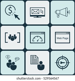 Set Of 9 SEO Icons. Can Be Used For Web, Mobile, UI And Infographic Design. Includes Elements Such As PPC, Report, Media Campaign And More.