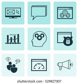 Set Of 9 SEO Icons. Can Be Used For Web, Mobile, UI And Infographic Design. Includes Elements Such As Conference, Newsletter, Web Page Performance And More.