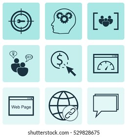 Set Of 9 SEO Icons. Can Be Used For Web, Mobile, UI And Infographic Design. Includes Elements Such As Loading Speed, Keyword Marketing, Intellectual Process And More.