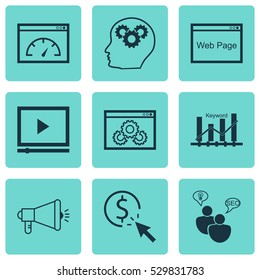 Set Of 9 SEO Icons. Can Be Used For Web, Mobile, UI And Infographic Design. Includes Elements Such As Loading Speed, Media Campaign, Intellectual Process And More.