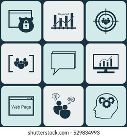 Set Of 9 SEO Icons. Can Be Used For Web, Mobile, UI And Infographic Design. Includes Elements Such As Search Optimization, Focus Group, Intellectual Process And More.