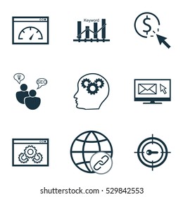 Set Of 9 SEO Icons. Can Be Used For Web, Mobile, UI And Infographic Design. Includes Elements Such As PPC, Newsletter, Connectivity And More.