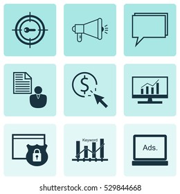 Set Of 9 SEO Icons. Can Be Used For Web, Mobile, UI And Infographic Design. Includes Elements Such As Digital Media, Keyword Marketing, Security And More.