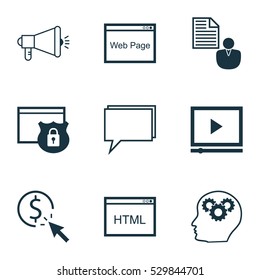 Set Of 9 SEO Icons. Can Be Used For Web, Mobile, UI And Infographic Design. Includes Elements Such As Conference, Security, Intellectual Process And More.