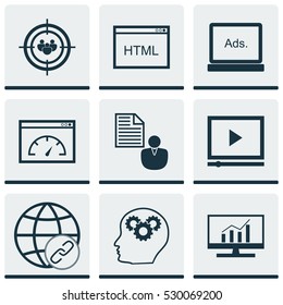 Set Of 9 SEO Icons. Can Be Used For Web, Mobile, UI And Infographic Design. Includes Elements Such As Coding, Focus Group, Digital Media And More.