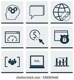 Set Of 9 SEO Icons. Can Be Used For Web, Mobile, UI And Infographic Design. Includes Elements Such As PPC, Connectivity, Questionnaire And More.