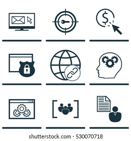 Set Of 9 SEO Icons. Can Be Used For Web, Mobile, UI And Infographic Design. Includes Elements Such As Intellectual Process, Report, Security And More.