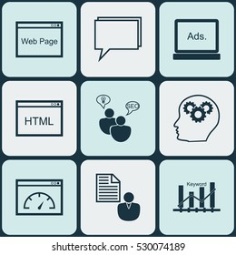 Set Of 9 SEO Icons. Can Be Used For Web, Mobile, UI And Infographic Design. Includes Elements Such As Search Optimization, Keyword Optimisation, Coding And More.