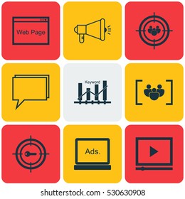 Set Of 9 SEO Icons. Can Be Used For Web, Mobile, UI And Infographic Design. Includes Elements Such As Questionnaire, Keyword Optimisation, Keyword Marketing And More.