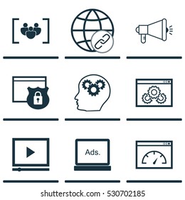 Set Of 9 SEO Icons. Can Be Used For Web, Mobile, UI And Infographic Design. Includes Elements Such As Digital Media, Intellectual Process, Web Page Performance And More.