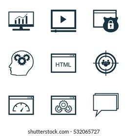 Set Of 9 SEO Icons. Can Be Used For Web, Mobile, UI And Infographic Design. Includes Elements Such As Web Page Performance, Intellectual Process, Focus Group And More.