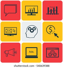 Set Of 9 SEO Icons. Includes PPC, Newsletter, Web Page Performance And Other Symbols. Beautiful Design Elements.