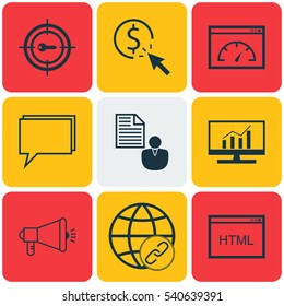 Set Of 9 SEO Icons. Includes Loading Speed, Media Campaign, Connectivity And Other Symbols. Beautiful Design Elements.