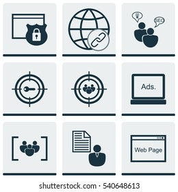 Set Of 9 SEO Icons. Includes Digital Media, Questionnaire, Website And Other Symbols. Beautiful Design Elements.
